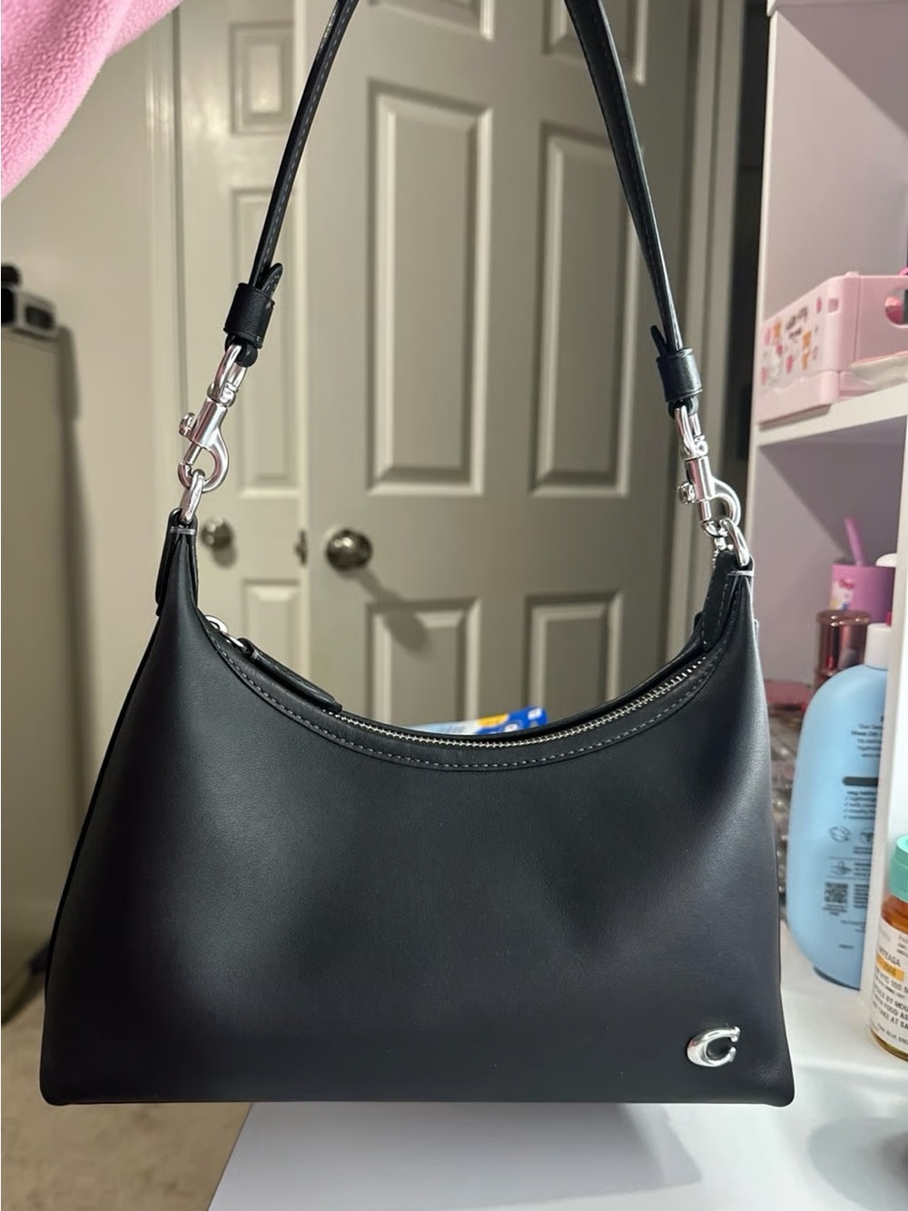 Classic Black Shoulder Bag with Silver Accent